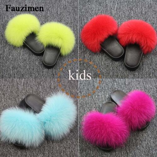 Real Fox Hair Slippers Kids Fur Home Fluffy Sliders Winter Plush Furry Summer Flats Sweet Baby Shoes Large Size 35 Pantufas