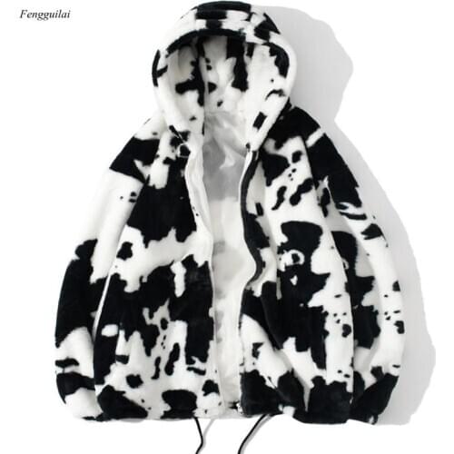 Men Street Wear Cow Print Zipper Cardigan Hooded Coats Autumn Winter Harajuku Loose Couple Coat Outwear Hoodie Lambswool Jacket