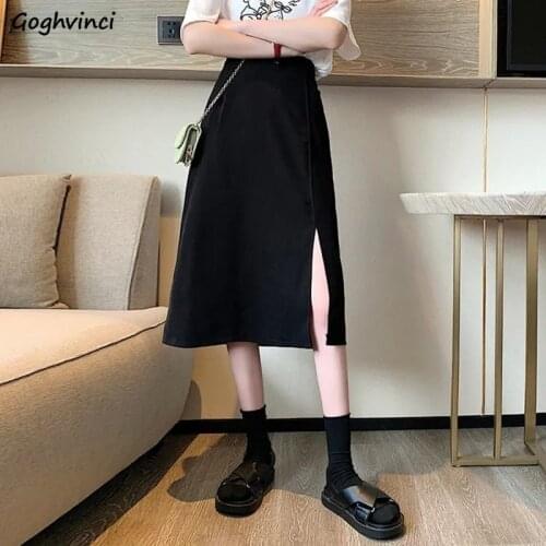 Skirts Women Summer High Waist Sexy Side-slit Student Fashion A-line Slender Korean Style Office Lady Casual Solid Black Elegant