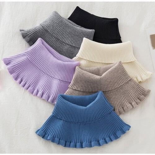 Ladies Turtleneck Ribbed Knitted False Fake Collar Winter Windproof Dickey Solid Color Ruffles Detachable Scarf Wrap