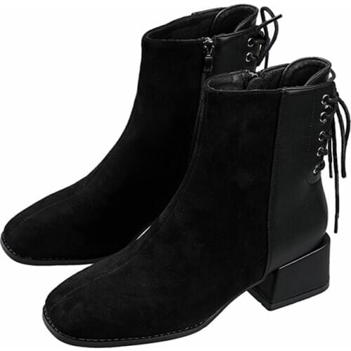 Womens boots autumn 2020 new square toe thick heel casual side zipper back lace-up ankle boots