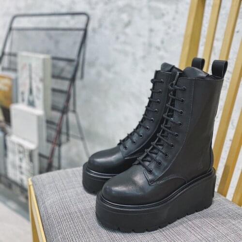 New Hot Sale Winter Shoes Woman Marten Boots Rome Genuine Leather Mid-Calf Boots Woman Round-Toes Height Increasing Boots Woman