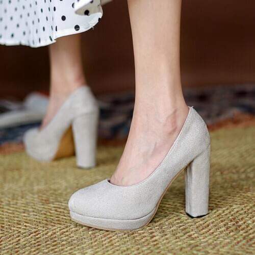 2021 Women OL Party High Heels Black Flock Pumps Female Platform Thick Round Toe Single Ladies Dress Shoes Big Size 32-45 102-2