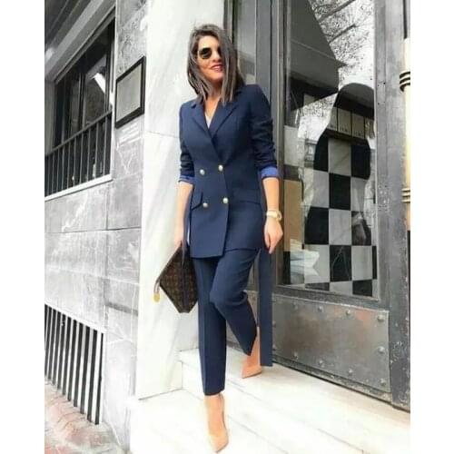 2 Piece Navy Slim Fit Womens Business Summer Suit 2020 Female Uniform Ladies Formal Pants Suit Double Breasted Womens Tuxedo