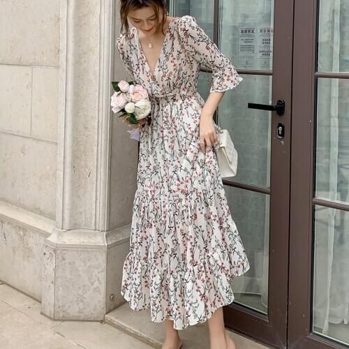 Floral Dress Women 2020 Summer New White Chiffon Long Dress Maxi V-Neck Flower Vestidos Mujer Fashion Elegant Street Wear Dress