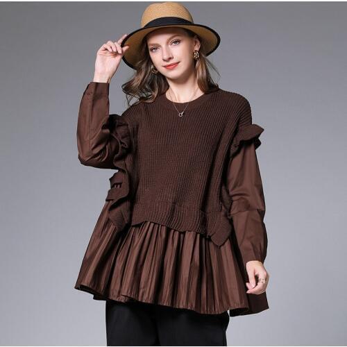 Winter female loose pullover fake two Sweater Raglan sleeves shirt patchwork knitted sweater ruffled hem casual cute flare tops