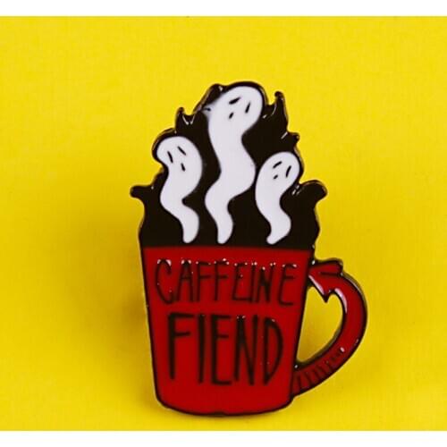 Caffeine Fiend Badges for Backpack Enamel Pins Badges Metal for Clothes Ghost Badge Clothes Lapel Pin Accessories Jewelry Gifts