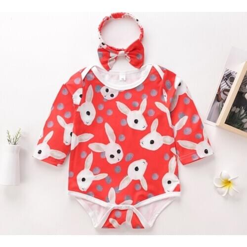 Newborn Baby Clothes 2 Pcs Winter Fall Cotton Animal Rabbit Print Long Sleeve Baby Romper+bow Headband Baby Girl Clothes 0-24M
