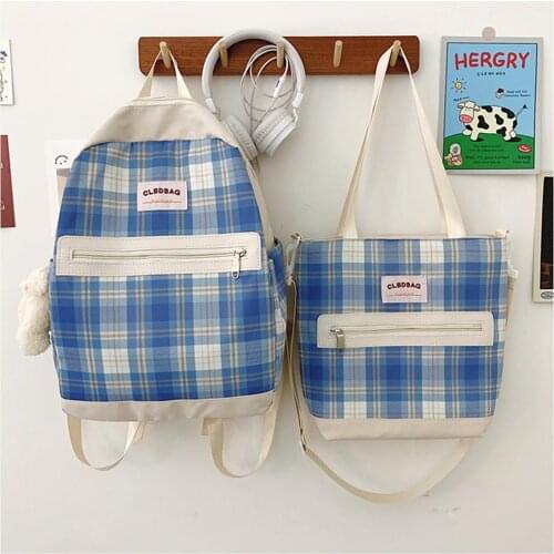 2Pcs/Set Korea Preppy Style Daily Use Plaid Backpacks Nylon Shoulder Bags Rucksack For Teenager Girls Travel Mochila 2021