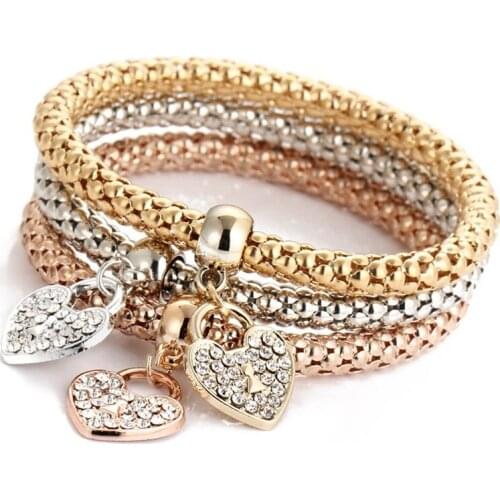 3Pcs/Set Fashion Heart Charms Bracelet Gold/Silver Elasticity Pendant Female Rhinestone Bracelet Set For Women Jewelry