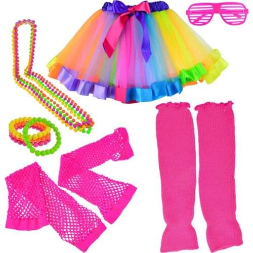Girls 6 in 1 Costume Accessories 1970s 1980s Fancy Outfits for Cosplay Party Theme Party Women 80s Costume Accessories Set