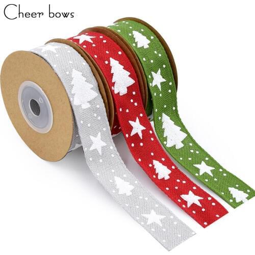 CheerBows Hemp Ribbon 25mm Christmas Tree Printed Linen Ribbon For Needlework Gift Packing DIY Christmas Decorations for Home