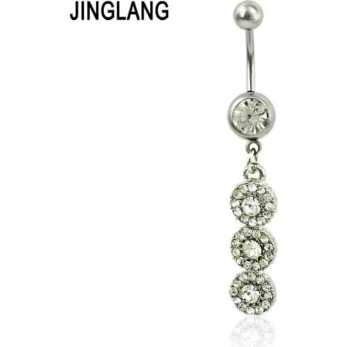 JINGLANG Fashion Belly Button Rings Stainless Steel Barbell White Rhinestone Ball Navel Rings Piercing Jewelry