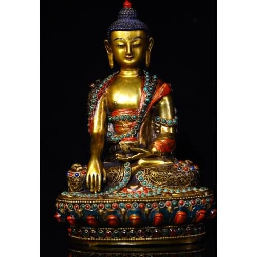 8"Tibet Temple Collection Old Bronze Filigree mosaic Gem Dzi Bead Medicine Buddha Shakyamuni Buddha Amitabha Enshrine the Buddha