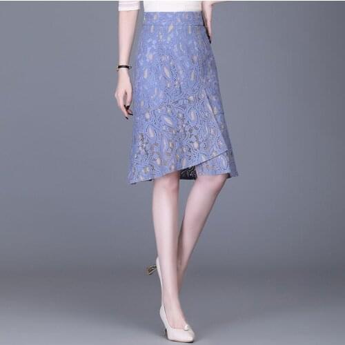 High Waist Lace Mermaid Skirt Female Spring 2021 New Solid Color Ruffled Plus Size A-Line Skirt Slim Elegant Femme Jupe zh700