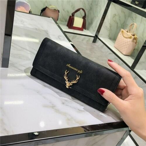 Fashion Wallet Women Deer Head Matte Leather Three Fold Female Long Letter Hasp Coin Purses Card Holder Money Clip Clutch Bag