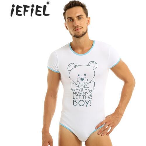 Mens One Piece Adult Baby & Diaper Lover Lingerie Short Sleeves Crotch Front Printed Sissy Gay Male Bodysuit Romper Pajamas