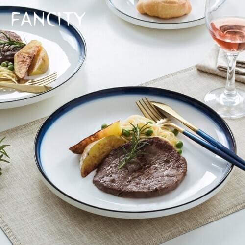 FANCITY Steak knife and fork plate set, creative ceramic shallow plate, large dish, home dessert, breakfast plate