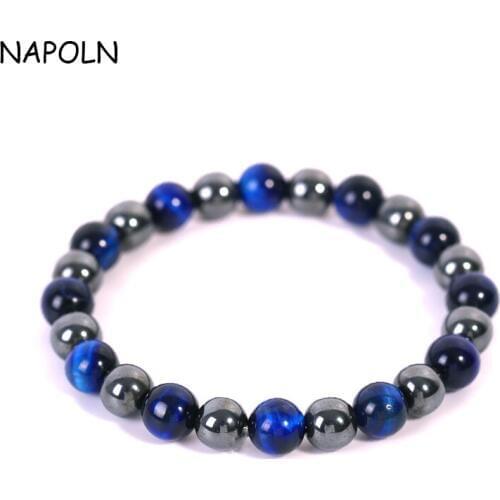 NAPOLN Hematite Bracelet For Men Natural Stone Beads Bracelet 8MM Blue Tiger Eye Bracelet Jewelry Attend Party Dropshipping