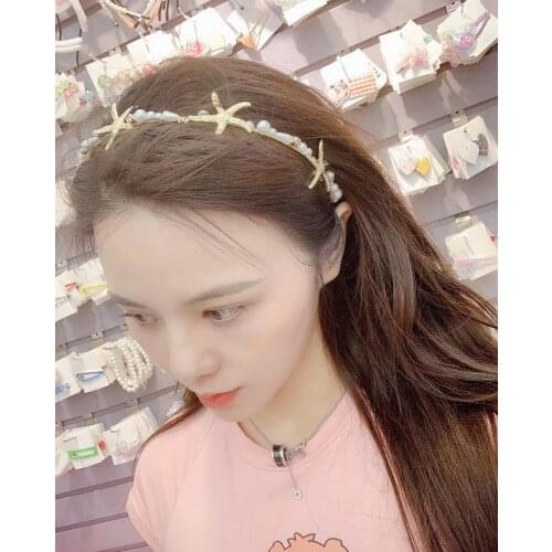 1PCS Marine style Starfish Hair Hoop Headband Hairband for Women Girls Pearl Shell Bezel Hair Band Hair Accessories