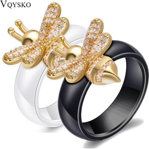 New Fashion Engagement Ring Crystal Bee Rings For Women Black and White Ceramic Wedding Design Gold Jewelry Gift Accessories