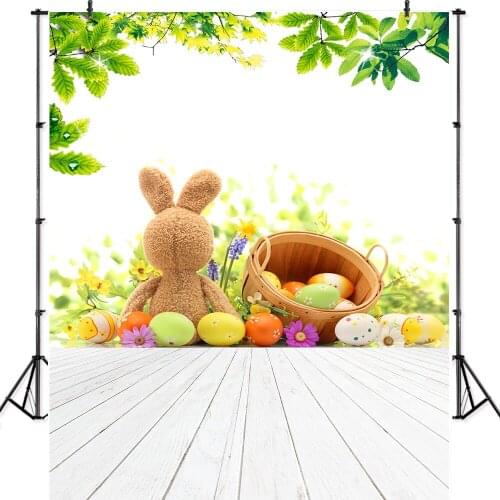 Seekpro Background Happy Easter Party Meadow Eggs Flowers Bunny Garden Wood Floor Children Portrait Backdrops for Photography