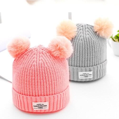Hot Childrens winter warm hat Childrens cap for girls boys casual baby caps Ball Letter Hats Knitted Wool Hemming for newborn