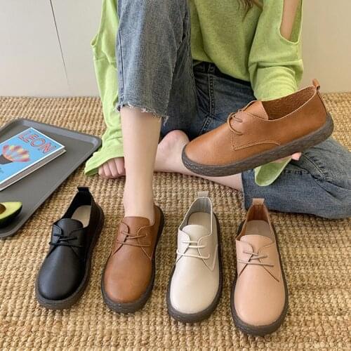 Comfortable Solid Soft PU Leather Non-Slip Office Shoes Designer Waterproof Flats Shoes Round Head Shallow Lace-up Casual Shoes