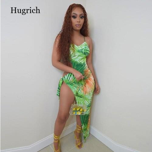V Neck Side Split Bandage Printing Maxi Dresses Vacation Sexy Hot Clubwear Skinny Women Strap Bodycon Dress Party Green