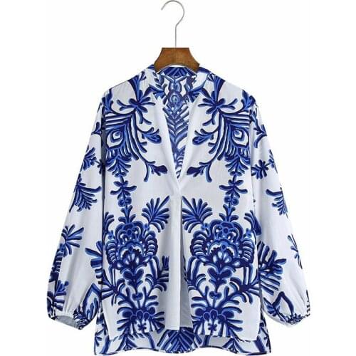 Za New Blue Totem Floral Print Womens Blouse Autumn Vintage V-neck Lantern Long Sleeve Casual Shirt Chic Office Ladies Blouses
