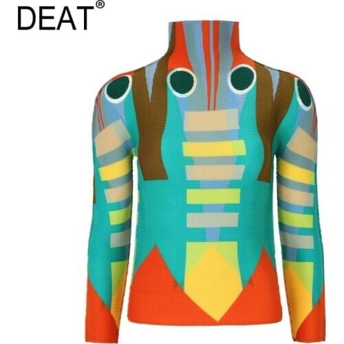 DEAT Pleated Womens T-shirt Stand Collar Multicolor Print Long Sleeve Geometric Casual Fit Elegant 2021 New Spring Fashion HT403