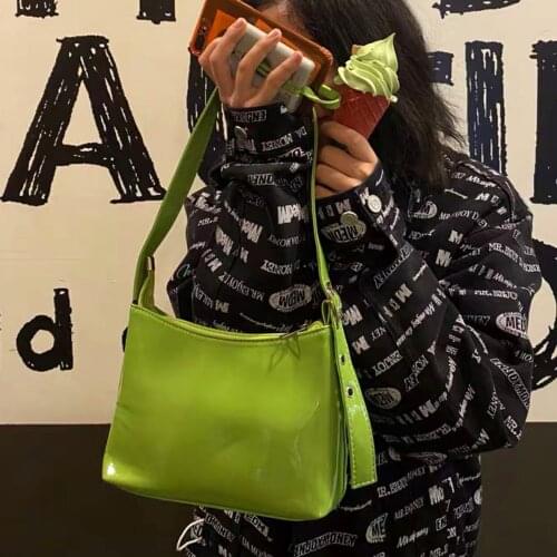 Vintage Design Women Underarm Bag Green Patent Leather Ladies Hobos Shoulder Bags Fashion Cool Girls Small Tote Purse Handbags