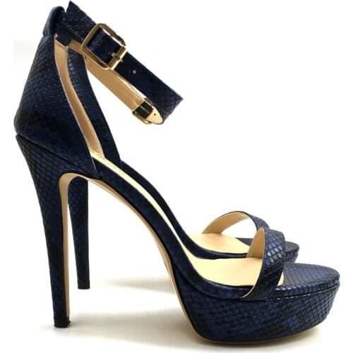 Women Shoes Open Toe High Heel Platform Sandals Snake Pattern Ankle Buckle Black & Blue 13cm heels