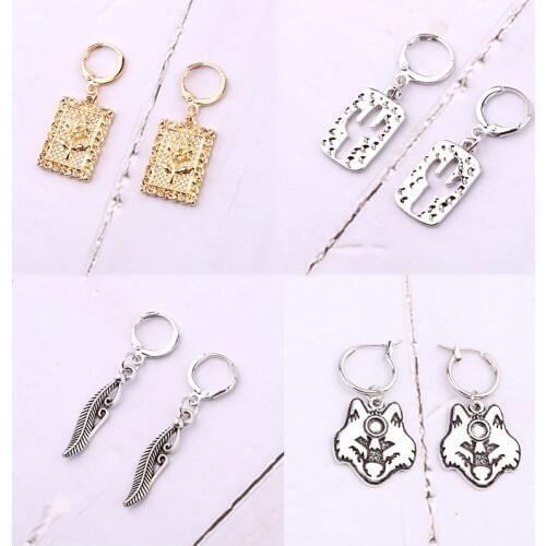 Dayoff Vintage Feather Leaf Rose Flower Plant Small Hoop Earrings Women Men Animal Fox Pendant Circle Eearings Gril Jewelry E596