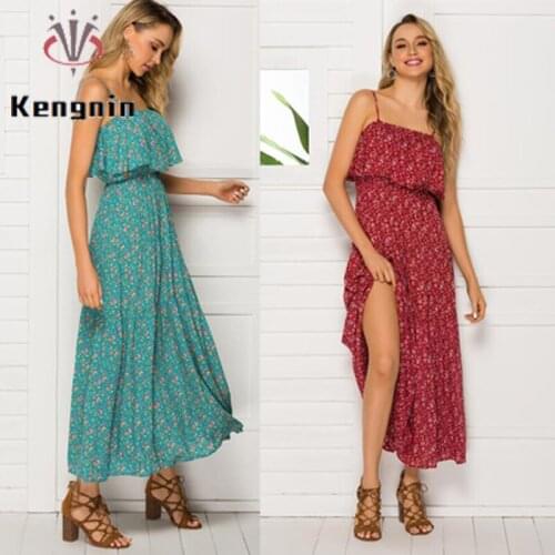 Bohemian Summer Dress Women 2021 European Chic Print Dot Ruffles Ladies Vestidos Sleeveless Spaghetti Straps Sexy Robe KE1242