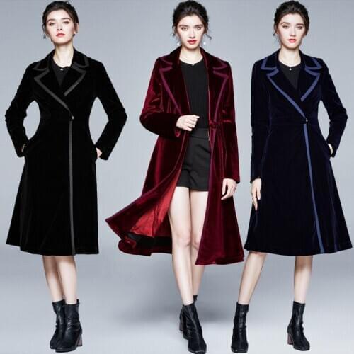 FNOCE 2021 new spring womens Golden velvet coats fashion trends casual elegant solid long sleeve eye catching slim trench coats