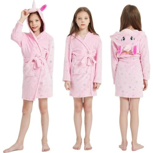 2020 Winter Baby Girls Pink Star Unicorn Bathrobe Children Nightgowns Animal Kigurumi Unicorn Beach Towel Hooded Bathrobes Kids