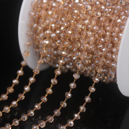 5Meter 3x4mm Champagne Glass beads Brass Wire Wrapped Chain,Faceted Rondelle Rosary Chains Necklace bracelet Jewelry supplies