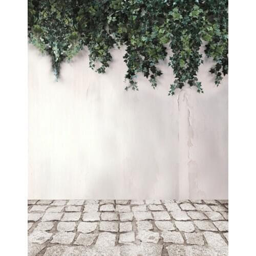 5x7ft Stone Floor White Wall Green Leaves Photography Backdrops Photo Props Studio Background