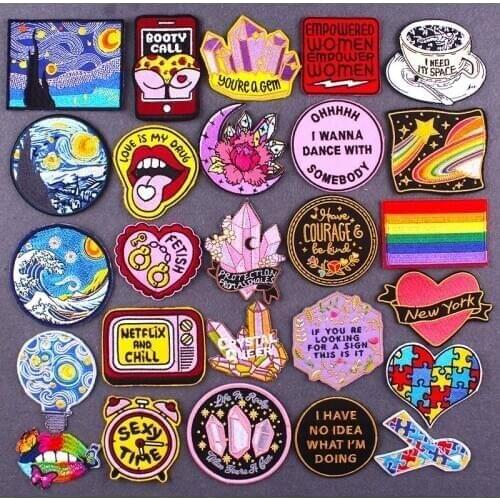 Pulaqi Love Heart Applique Patches for Clothes Jacket Cartoon Gem Patch DIY Van Gogh Embroidered Patches for Clothing Stickers