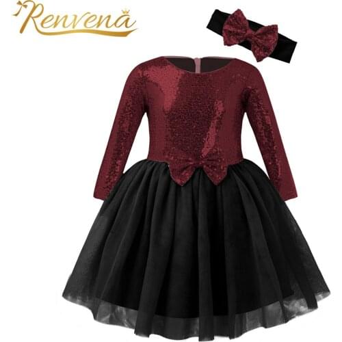 Sequined Baby Girl Dresses Long Sleeves Flower Girl Dress Wedding Kid Ball Gowns Toddlers Sequin Party Dress with Headband 12M-8