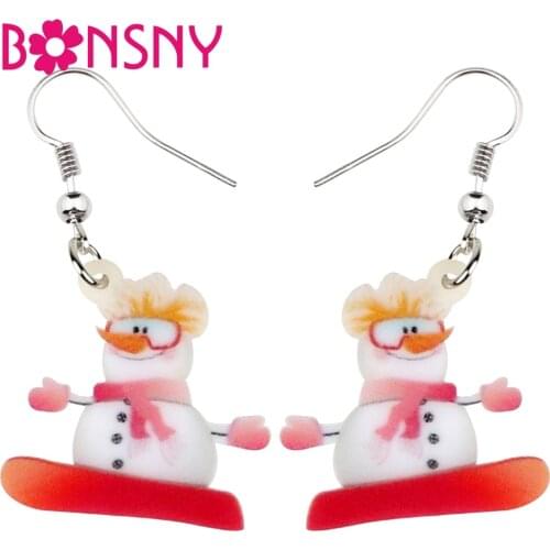 Bonsny Acrylic Christmas Skiing Snowman Earrings Drop Dangle Set Cartoon Ornaments Jewelry For Women Girls Gift Charms Wholesale