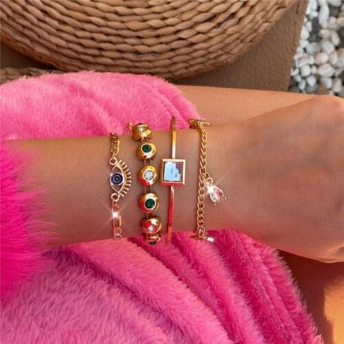 HI MAN 4Pcs/Set Punk Mixed Evil Eye Zircon Geometric Water Drop Bracelet Women Classic Temperament Birthday Gift Jewelry