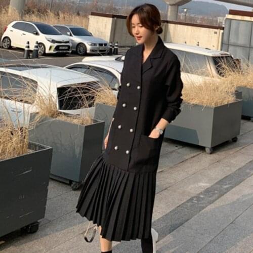 Double Breasted Notched Collar Women Loose Suit Female Korean Pleated Windbreaker Chiffon Stitched Big Draped Dress