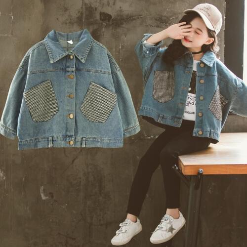 Girls'Jeans Jacket 2019 Girls' Jacket Spring and Autumn Fashion Patchwork Pocket Teenage Girls Denim Jackets Kids Coat