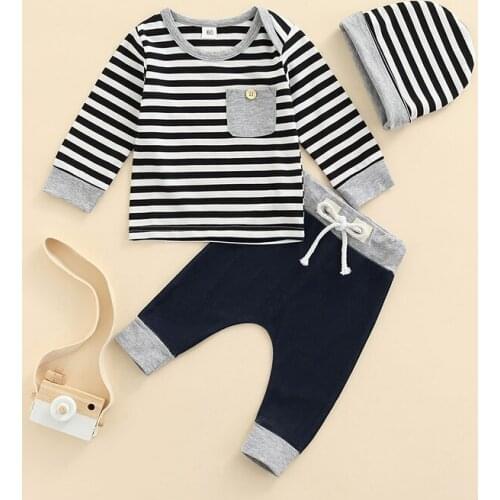 FOCUSNORM Autumn Causal Baby Boys 3pcs Clothes Sets Striped Pocket Long Sleeve Pullover Tops Elastic Pants Hats 0-24M