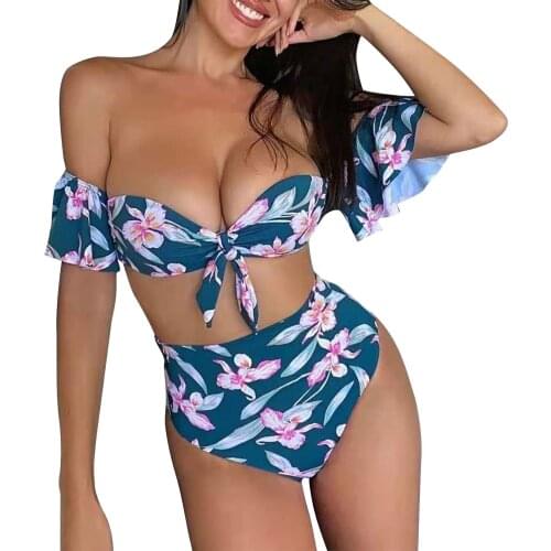 Womens Sexy Two Piece Split Bikini Suits Fashion Flower Printing Tube Tops and Stretch High Waist Thong