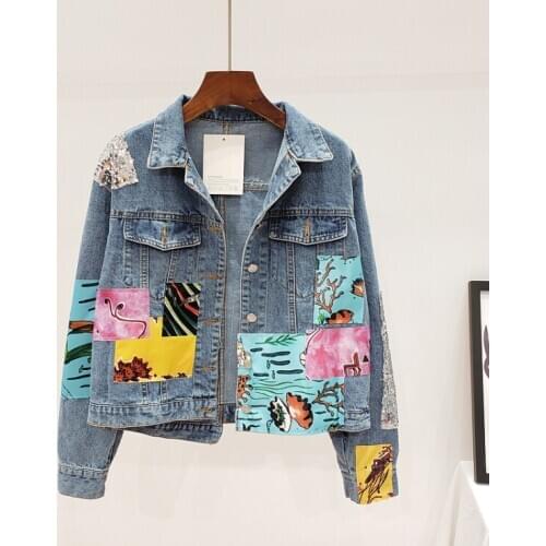 Womens spring autumn casual loose contrast color patchwork denim jacket female high waist plus size jean jacket outwear TB896