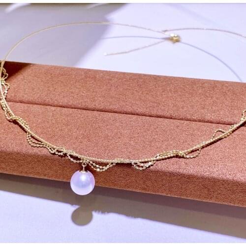 MADALENA SARARA 7-8mm Saltwater Pearl Perfect Round Akoya Pearl 18K Gold Chain Necklace Lace Dress Style