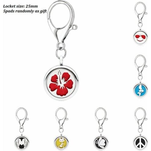 Poppy flower wing small cat Key Chain 25mm essential oil Locket Perfume Diffuser Mermaid with Lobster clasp Key chain 5Pads